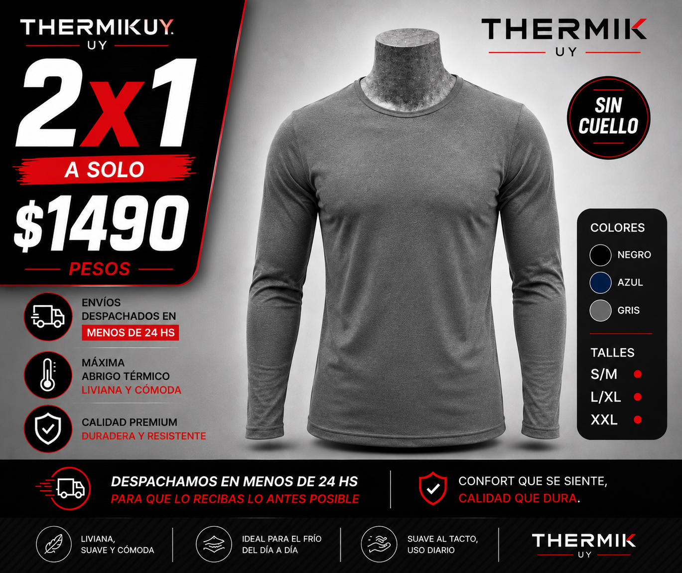 2x1 Térmica Premium Sin Cuello Hombre | Máximo Abrigo + Ultra Cómoda